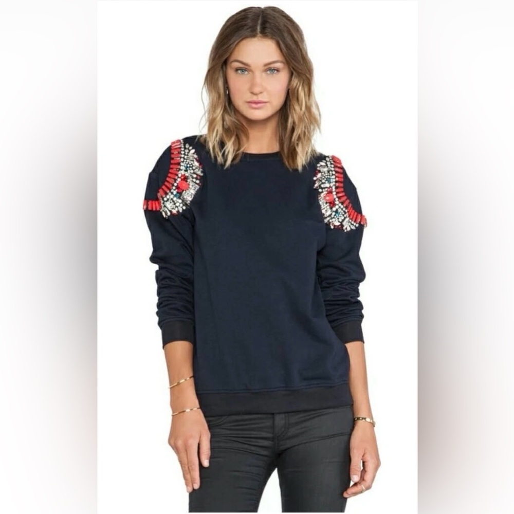 HEMANT & NANDITA Navy Crewneck Sweater with Red & White Embellished Shoulders